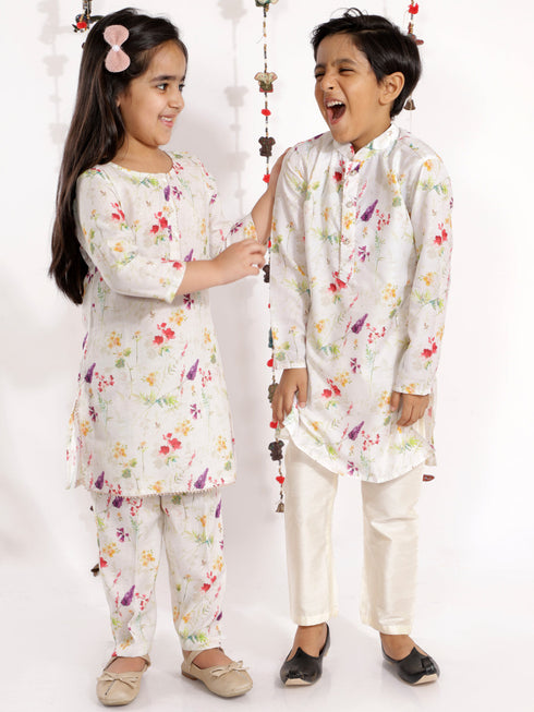 Vastramay Multicolor-Base-Cream Floral Printed Cotton Linen Siblings Set